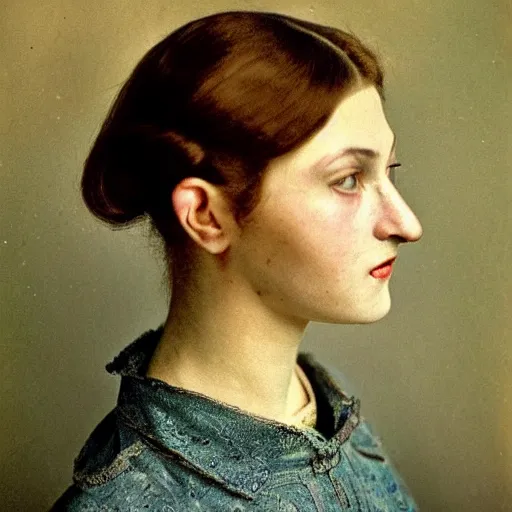 Prompt: portrait of a beautiful lady with silver eyes, vintage coloured photography by balthus