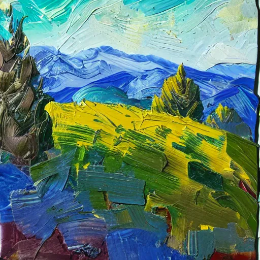 Image similar to oil paint impasto relief, beautiful bright sunny spring day, blue mountain the distance, multi layered thick brush marks, some splattered paint, in the style of ivan shishkin and frank auerbach and van gogh