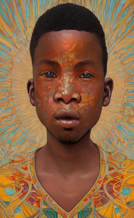 Image similar to colourful upper half portrait of an african boy, art by hsiao - ron cheng & alphonse mucha, highly detailed, digital painting, ray tracing, concept art, illustration, smooth sharp focus, intricate, symmetry, artstation,