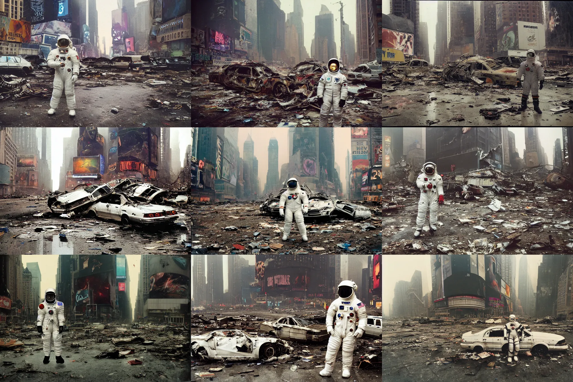 Prompt: american white spacesuit astronaut in postapocalyptic abandoned destroyed times square, wrecked buildings, destroyed flipped wrecked cars, polaroid photo, vintage, neutral colors, rainy day, by gregory crewdson