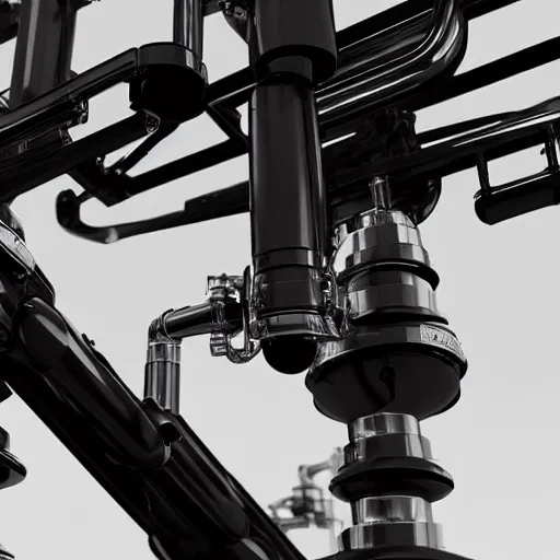 Image similar to close up of gleaming black metal factory servo arm, robotic equipment, decals, black and white, render, hard surface model, burnished metal, reflection, factory, hangar, beautiful, sharp focus, depth of field, ue 4, ue 5, unity hdrp