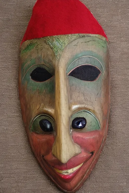 Image similar to a flat carved wooden elf mask face, staring eyes, vividly coloured, highly detailed, vintage european folk art, colour photograph