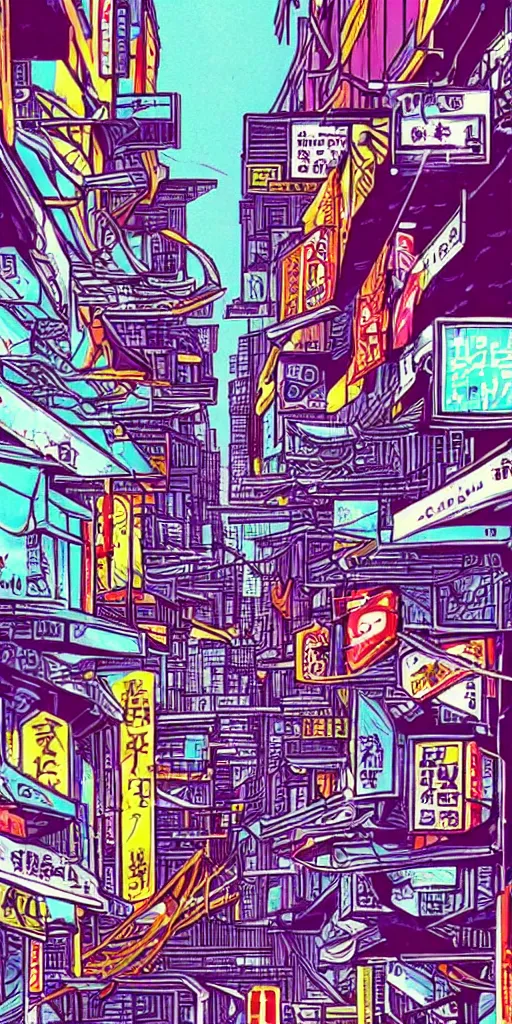 Image similar to an 80s anime busy alley scene, tall buildings, neon billboards, telephone wires, intricate details , trippy, dope