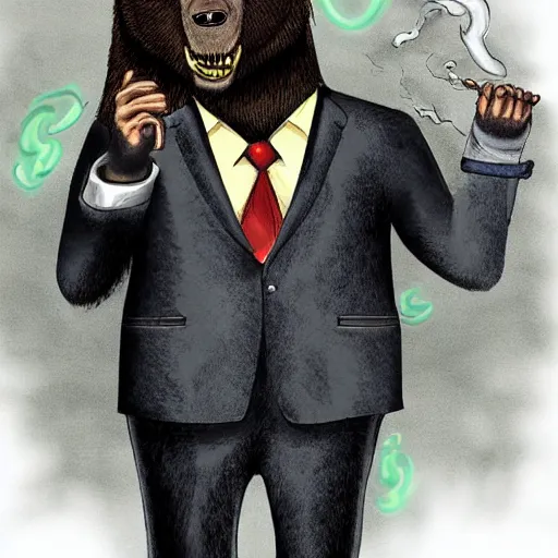 Image similar to a anthropomorphic bear beast - man in a suit smoking a cigar while drifting in a lamborghini, digital art