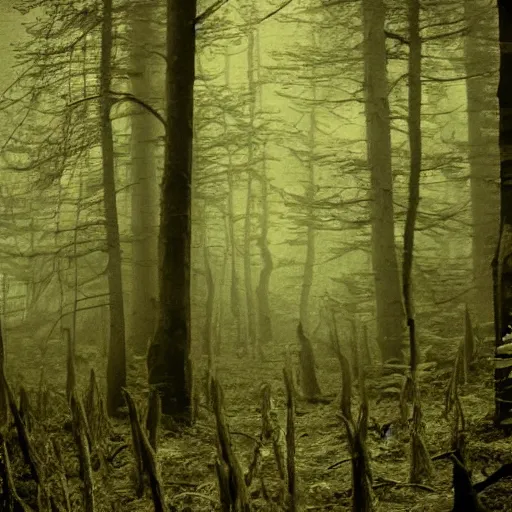 Image similar to grainy old photo of a forest. there is a grey alien in the background, blurry