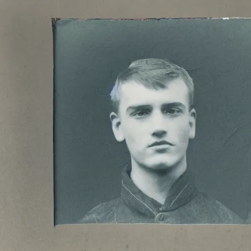 Image similar to A photo of a scottish 20 year old portrait photo infront of leaves filling the screen. Blue jacket wearing man with short hair and short facial hair. Looking directly towards camera this man with a triangular thin shape and thin nose is off center to the left of the frame.