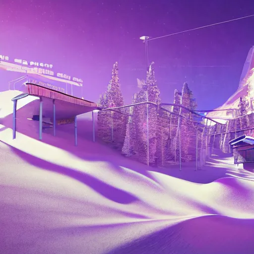 Prompt: psychedelic ski resort, concept art, architectural plans, synthwave, 4k render