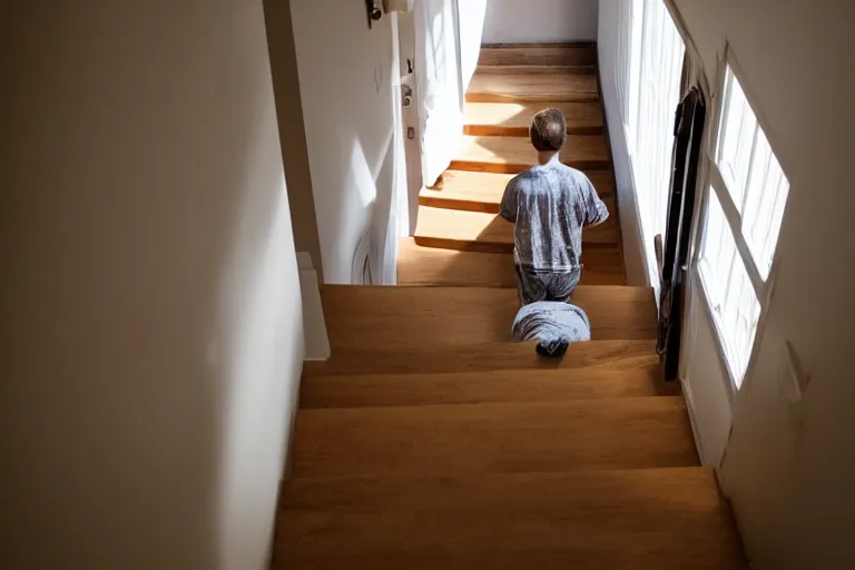 Prompt: looking down stairs in a house, looking down over a persons shoulder at the semi transparent ghost of a man at the bottom