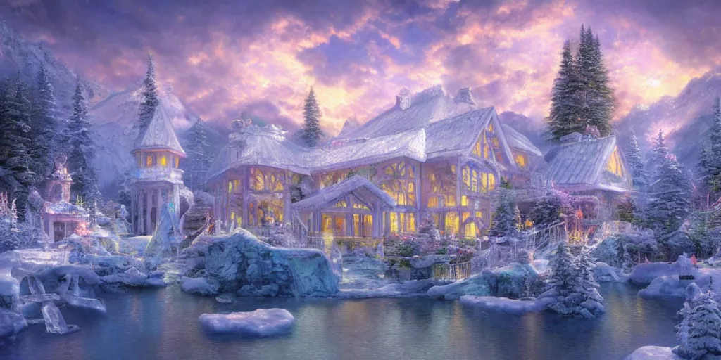 Prompt: majestic ice palace in the mountains | photorealistic | hyper detailed | volumetric lighting | thomas kinkade