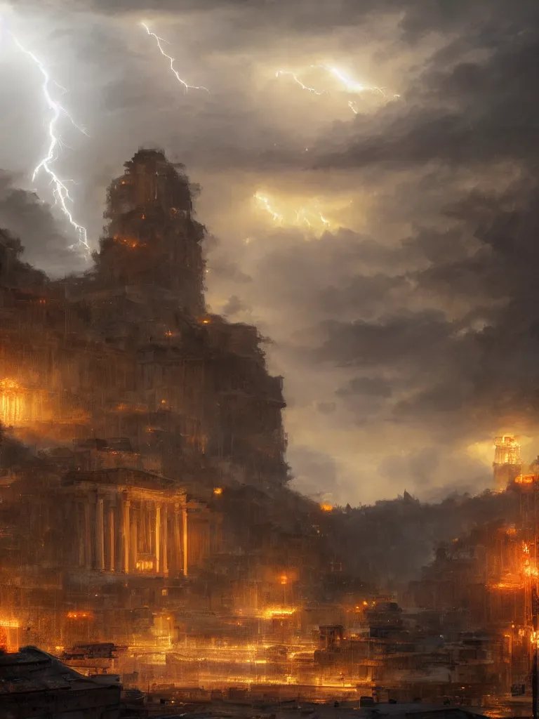 Image similar to epic scenery ancient city of troy under a sky full of lightning, intricate, elegant, volumetric lighting, digital painting, highly detailed, artstation, sharp focus, illustration, concept art, ruan jia, steve mccurry