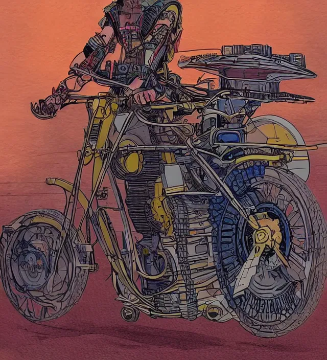 Image similar to atompunk / decopunk motorcycle in the style of jean giraud in the style of moebius trending on artstation deviantart pinterest detailed realistic hd 8 k high resolution