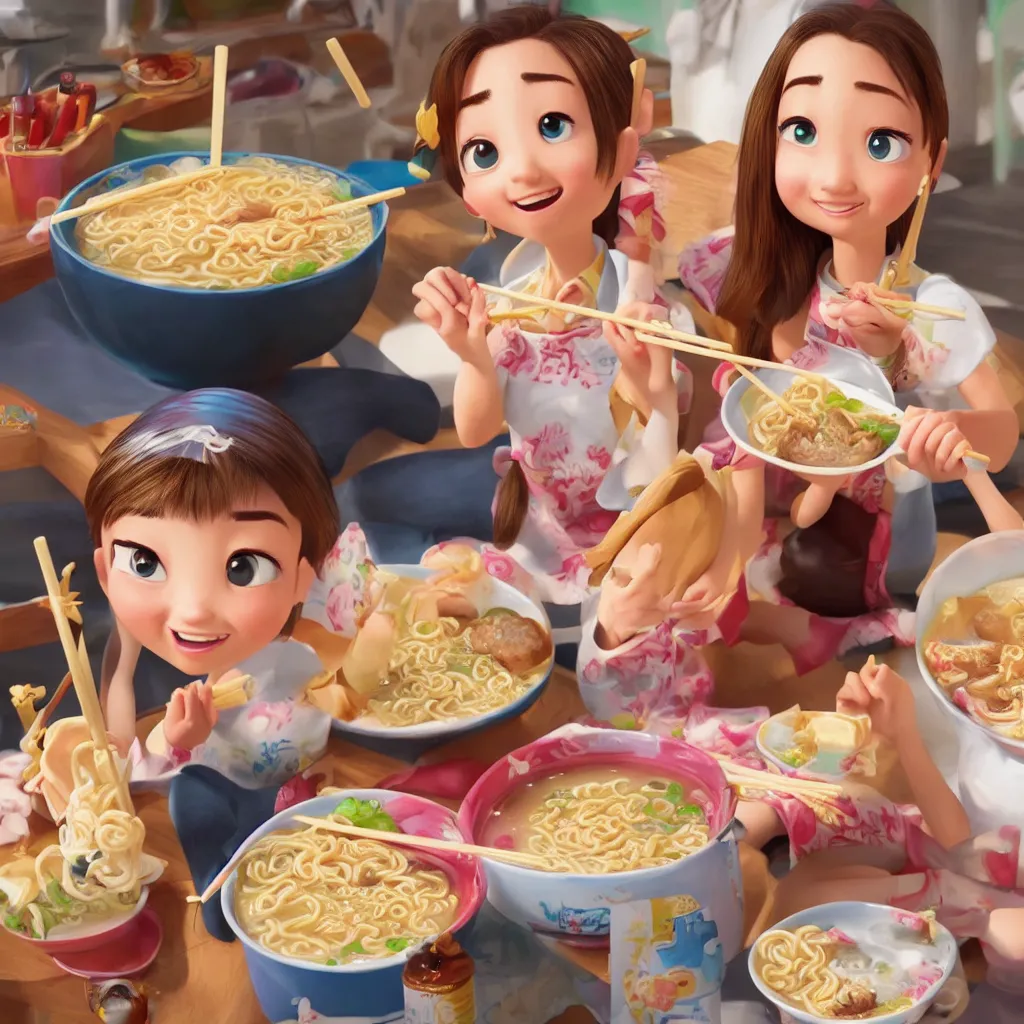 Prompt: Two happy beautiful girls holding chopsticks and eating a bowl of ramen, hyper realistic, insane detail, Pixar