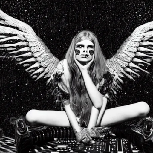 Prompt: a monochrome symmetric wide shot of Grimes as a fallen angel, sitting in a large glittery hell simulation with skulls and computer code