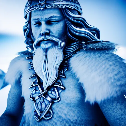 Prompt: photography of a hyper realistic crystal clear ice statue of un unknow viking warrior god. stuning, intricate, complexe. snowy mountains dream landscape. professional digital art, unreal engine 5