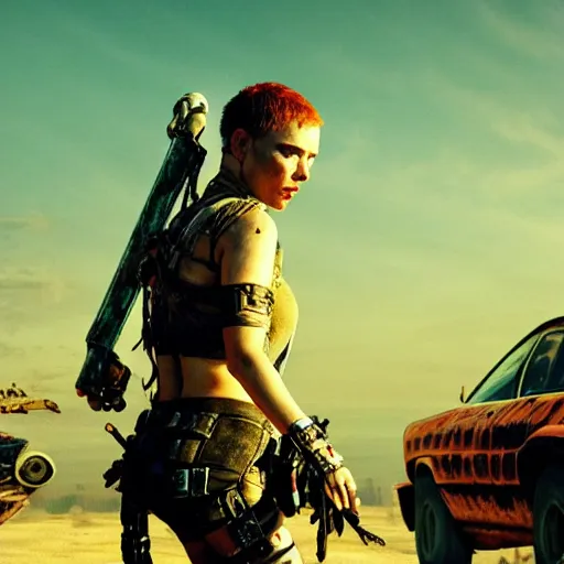 Image similar to Fury Road scarlett johansson after a bad mission in Cyberpunk 2077. CP2077. 3840 x 2160