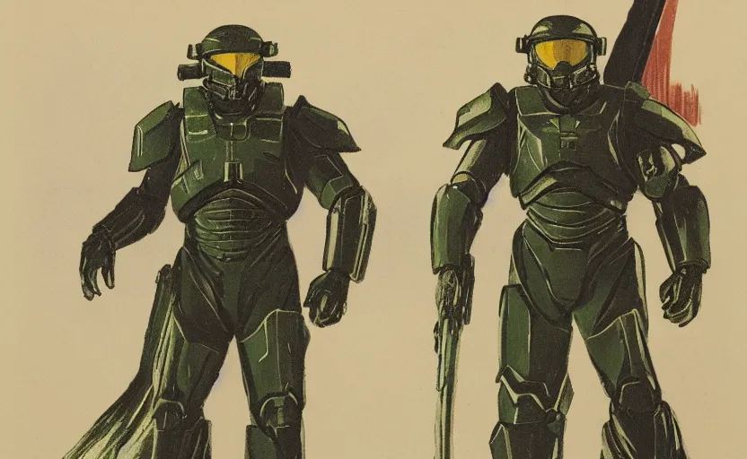 Prompt: color lithograph of master chief by adolphe millot