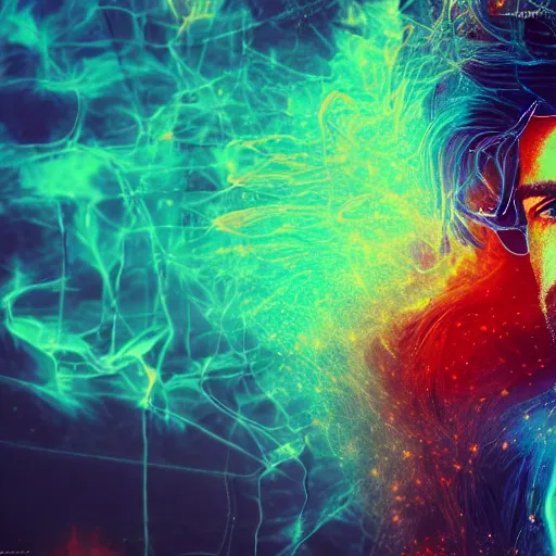 Prompt: psychedelic fantasy male portrait, caucasian, brown hair with red and blue highlights, in a cinematic wallpaper, glitch effects, dissolve effects, noise, halo / nimbus, devils horns, angel wings, raven wings, hdr 8 k dop dof