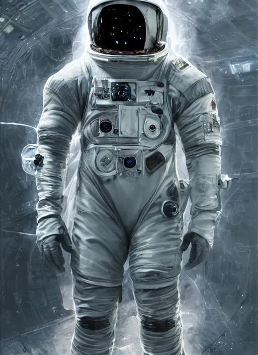 Image similar to concept art by craig mullins astronaut in futuristic dark and empty spaceship underwater infrared selfie. infrared glowing lights. complex and hyperdetailed technical suit. reflection and dispersion materials. rays and dispersion of light. volumetric light. 5 0 mm, f / 3 2. noise film photo. flash photography. unreal engine 4, octane render. interstellar movie art