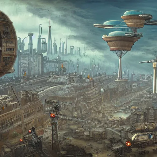 Prompt: airships flying over a dieselpunk megacity, pollution, digital painting, highly detailed