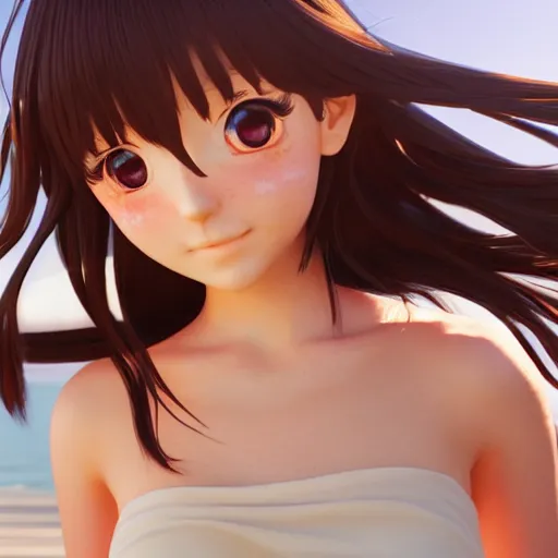 Prompt: render of a very beautiful 3d anime girl, long hair, hazel eyes, cute freckles, full round face, short smile, cute sundress, golden hour, serene beach setting, medium shot, mid-shot, highly detailed, trending on Artstation, Unreal Engine 4k