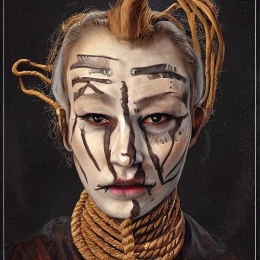 Prompt: portrait of a Shibari rope wrapped face and neck, headshot, insanely nice professional hair style, dramatic hair color, face paint half and half, digital painting, of a old 15th century, old cyborg merchant, amber jewels, baroque, ornate clothing, scifi, realistic, hyperdetailed, chiaroscuro, concept art, art by Franz Hals and Jon Foster and Ayami Kojima and Amano and Karol Bak,