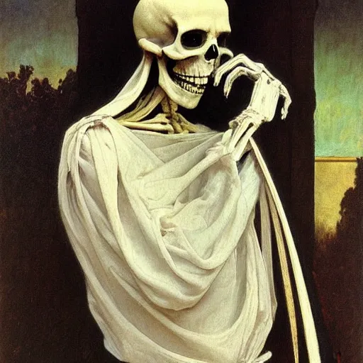 Image similar to the grim reaper, skeleton, oil painting, canvas, paul delaroche, alphonse mucha, arnold böcklin, very detailed, portrait