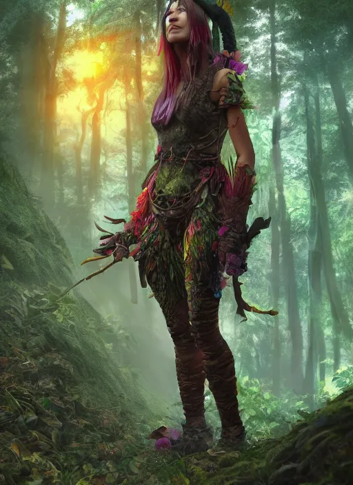 Image similar to detailed full body concept colorful fantasy painting of a forest huntress, cinematic lighting, hyperdetailed, 8k, high resolution, insanely detailed and intricate, octane render