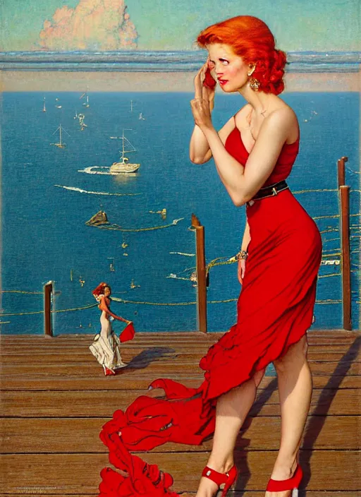 Prompt: a fancy beautiful young lady standing on a wharf at the edge of the sea, very tight gold chain belt, stylish heels, beautiful hair, red dress, by brom and gil elvgren and jean delville and william blake and norman rockwell and michael whelan, crisp details, hyperrealism, high detail, high contrast, low light