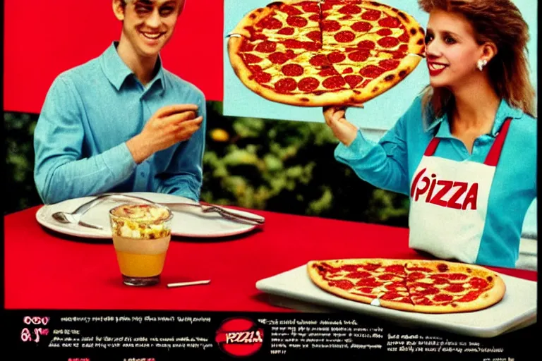 Image similar to pizza, 80s, advertisement