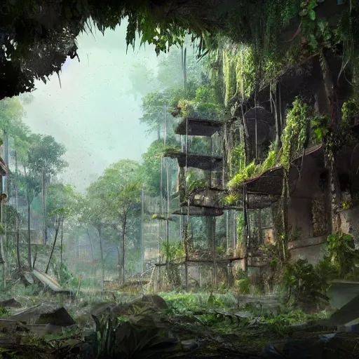 Image similar to Abandoned ruins of city in the middle of the jungle, 8k, detailed, concept art, trending on artstation