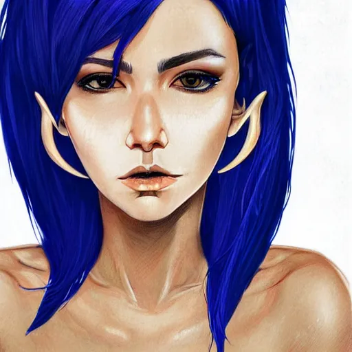Image similar to illustrated realistic portrait of prong-horned devil woman with blue bob hairstyle and her tan colored skin and with solid black eyes wearing leather by rossdraws