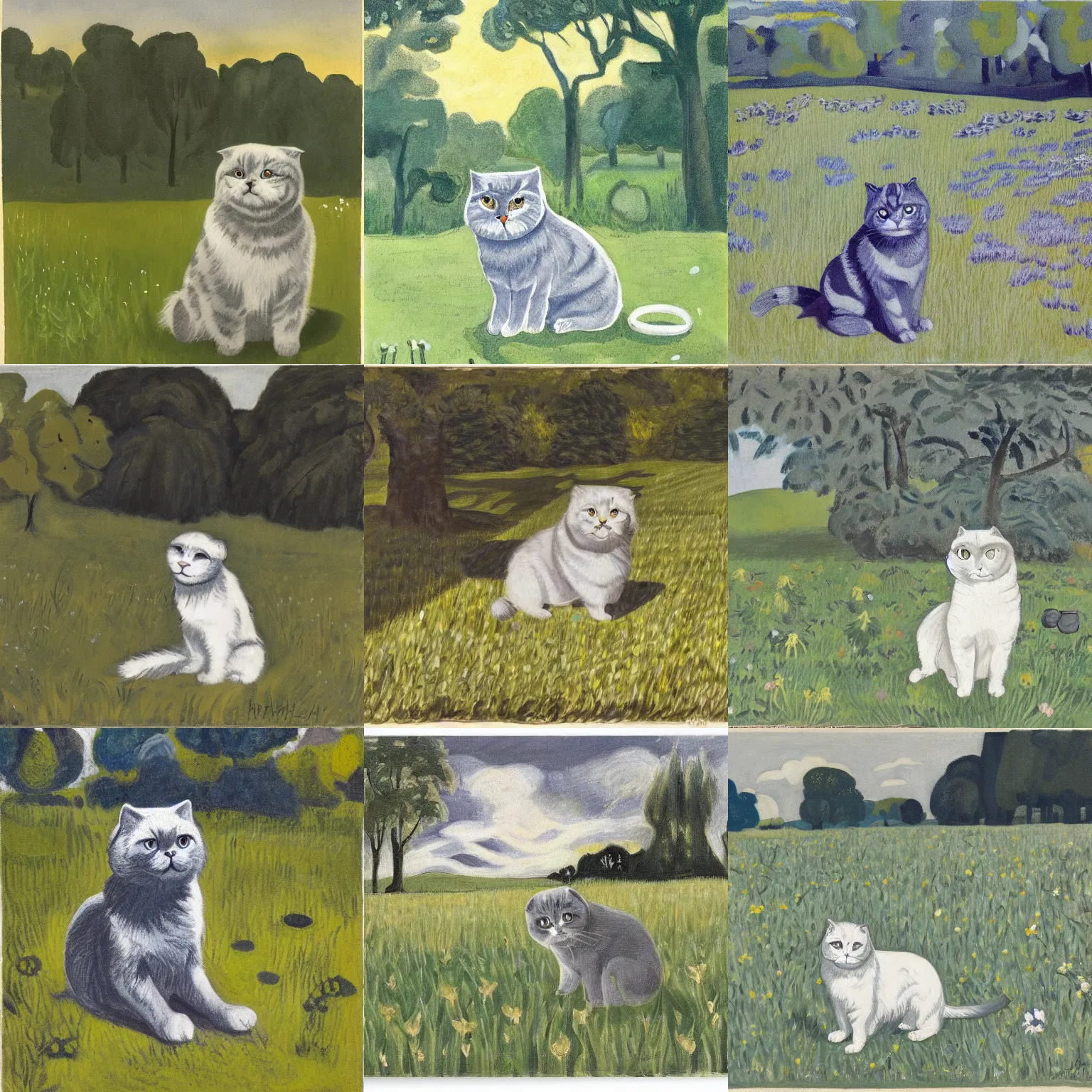 Prompt: a gray scottish fold sitting in the middle of sunny meadow, by charles ephraim burchfield