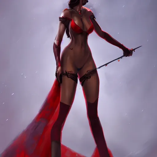 Prompt: A female wizard wearing a revealing red dress with brown hair and olive skin, hyperdetailed, artstation, cgsociety, 8k