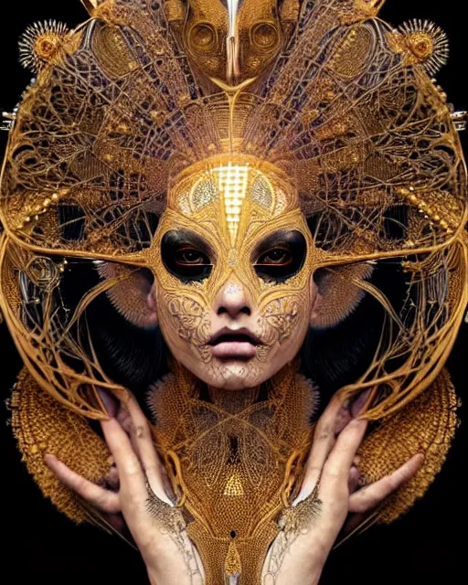 Image similar to hyperrealistic detailed portrait of a beautiful dark goddess in an intricate golden ornamental geometrical ritual mask, intricate cyberpunk make - up, insane details, art by ernst haeckel, nekro borja, android jones, alphonso mucha, gothic - cyberpunk, ornamental, beautiful deep colours,