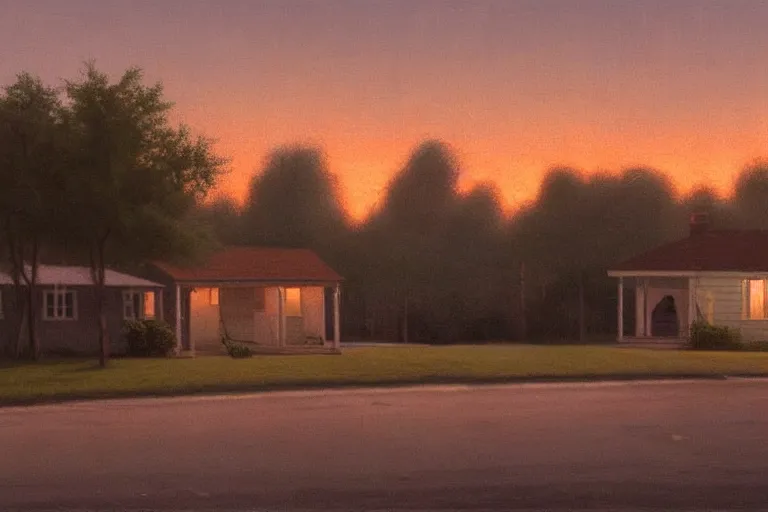 Prompt: a detailed cinematic render of a utopian 1 9 5 0 s american neighborhood at sunset by steven outram, photoreal