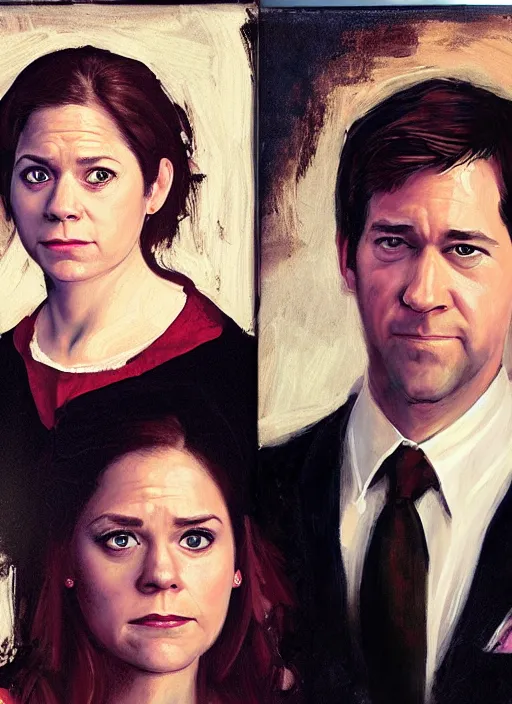 Image similar to portrait painting of jim halpert and pam beesly, dark background, in the style of caravaggio