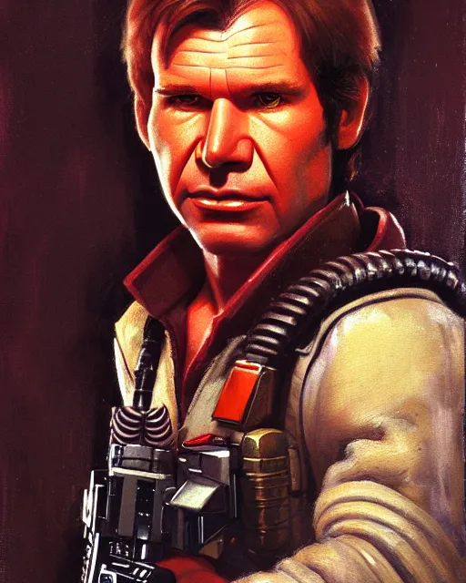 Image similar to character portrait closeup 4 0 years old han solo harrison ford cyberpunk starcraft terran warhammer 4 0 k space marine, confident, character design, painting by gaston bussiere, ralph mcquarrie, katsuya terada, frank frazetta, tom of finland, trending on artstation