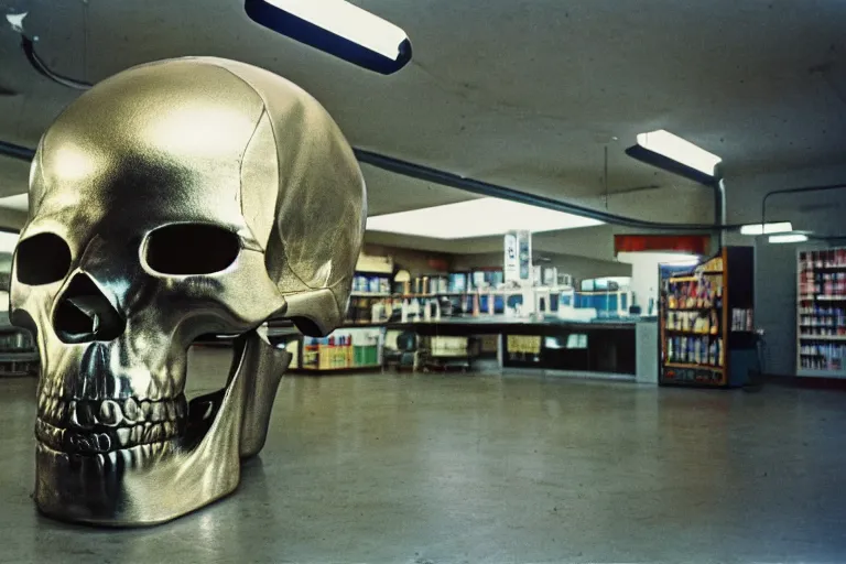 Prompt: large metallic skull attached to an infinitely long, giant, thick power cable, stoic and calm, inside of an unlit 1970s convenience store, ektachrome photograph, volumetric lighting, f8 aperture, cinematic Eastman 5384 film