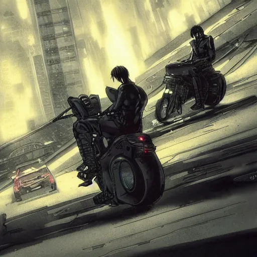 Image similar to Katsuhiro otomos akira, Dark cityscapes and futuristic motorcycles, Manga and anime, sinister by Greg Rutkowski