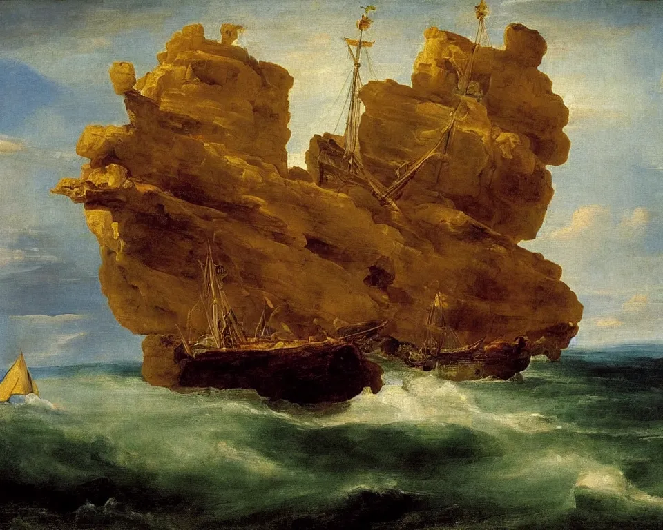 Image similar to oil painting of a magnificent Spanish galleon sailing next to the haunting cliffs of Atlantis by Raphael, Goya, and Hopper.