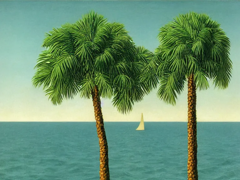 Prompt: lonely island with a palm tree in the middle of the sea painting by rene magritte, high detail, high resolution