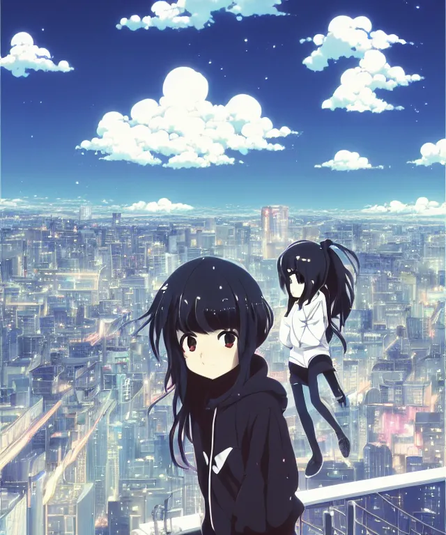 Image similar to anime visual, portrait of a young black haired girl wearing hoodie sightseeing above the city, guardrail, cute face by yoh yoshinari, katsura masakazu, dramatic lighting, dynamic pose, dynamic perspective, strong silhouette, ilya kuvshinov, anime cels, 1 8 mm lens, fstop of 8, rounded eyes, moody, detailed facial features