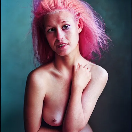 Image similar to a beautiful woman with pink hair and fair skin, portrait photograph, nikon 3 5 mm, photograph by annie leibovitz and steve mccurry,