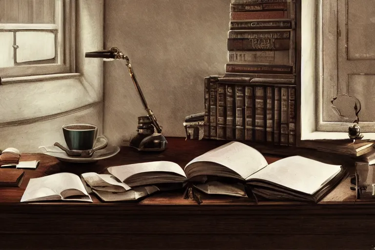 Prompt: a desk, books, a cup of coffee, hyper realistic style, intricate details, dramatic cinematic lighting by john frederick peto and lengjun