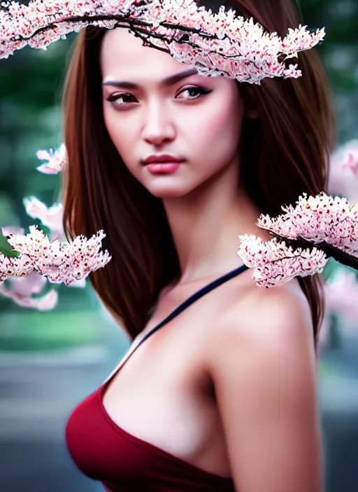 Prompt: photo of a gorgeous female in the style of stefan kostic, realistic, half body shot, sharp focus, 8 k high definition, insanely detailed, intricate, elegant, art by stanley lau and artgerm, extreme blur cherry blossoms