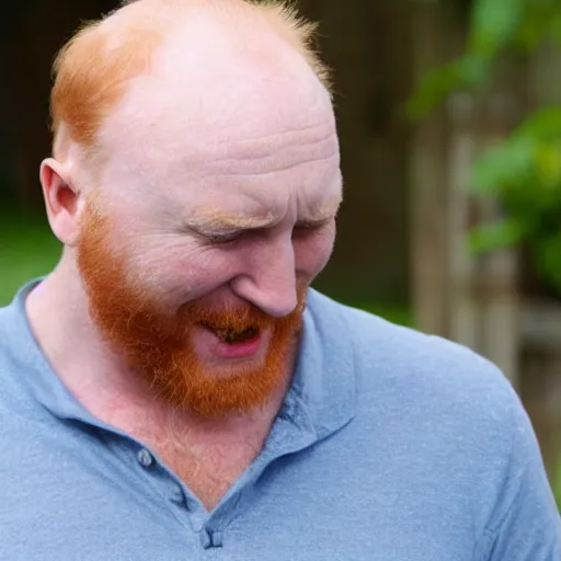 Prompt: a balding blue eyed ginger middle aged man crying