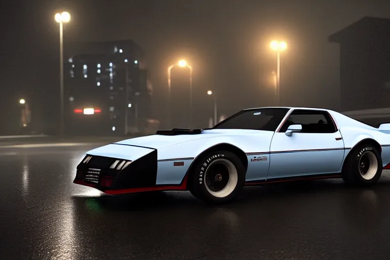 Image similar to hyperdetailed, photorealistic photograph of a 1 9 8 2 pontiac firebird trans - am drifting in the streets, rain, night, dense fog, hd, unreal engine 5 by greg rutowski, by stanley artgerm, by alphonse mucha