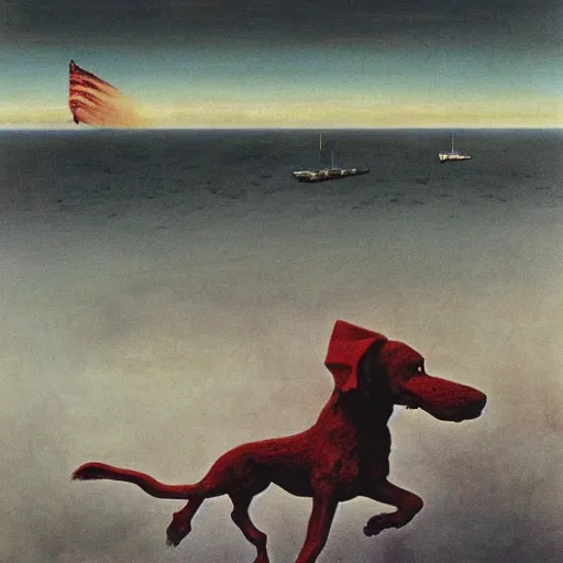 Prompt: clifford the big red dog storming the beaches of normandy in world war two, historical photograph painted by zdzisław beksinski