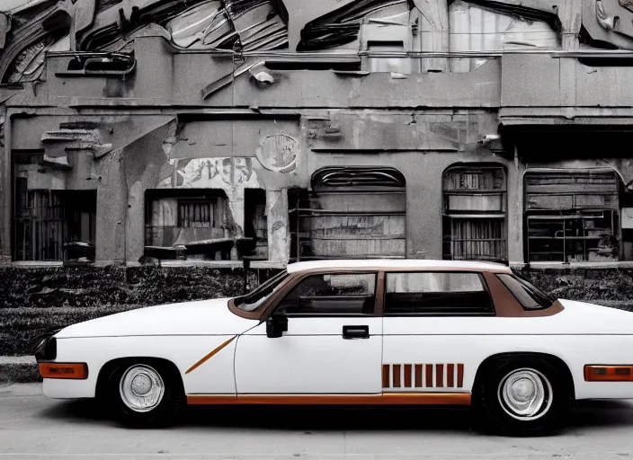 Image similar to wide view shot of a copper colored car with some black and white paint, designed by dmc and gmc, style by john berky and liam wong and michael whelan.