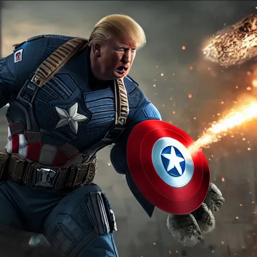 Image similar to portrait of donald trump as captain america in gears of war, splash art, movie still, cinematic lighting, dramatic, glowing, ray tracing, octane render, long lens, shallow depth of field, bokeh, anamorphic lens flare, 8 k, hyper detailed, 3 5 mm film grain